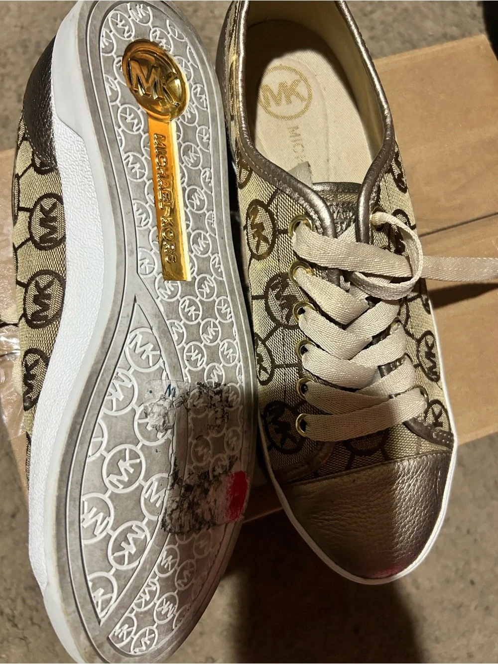 MICHAEL KORS Beige Canvas Sneakers with Gold Metallic Toe
